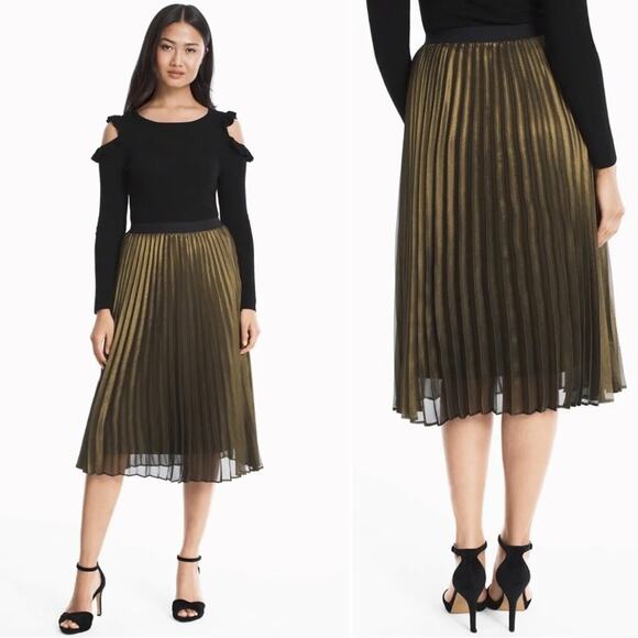 White House Black Market Metallic Gold Pleated Slightly Sheer Midi Skirt NWT - Picture 2 of 10